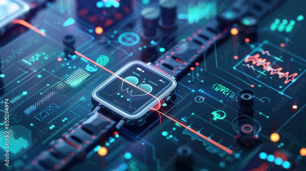 A close-up of a smartwatch displaying heart rate data on a futuristic-looking interface with neon blue and red lights. A close-up of a smartwatch displaying heart rate data on a futuristic-looking interface with neon blue and red lights.