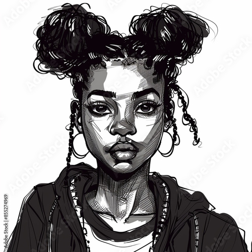 Black and white fashion drawing, Digital illustration. Young fashionable woman, teenager photo