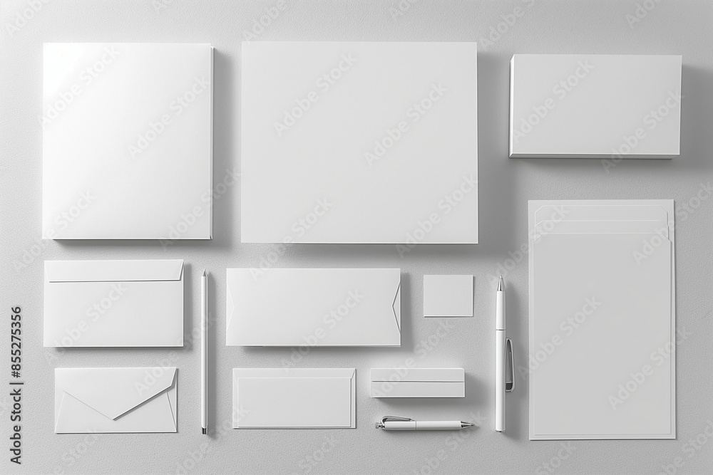A blank corporate stationery set laid out on a paper background, presented as a template for branding design A blank corporate stationery set laid out on a paper background, presented as a template for branding design