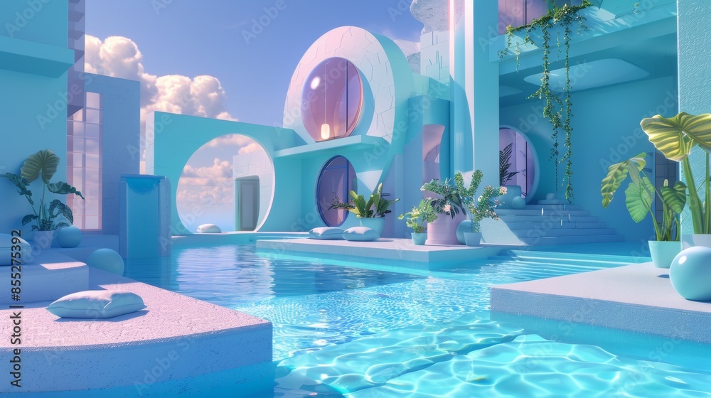 A blue and white building with a pool and a lot of plants A blue and white building with a pool and a lot of plants