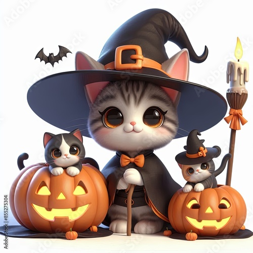 cute witch cat with pumpkin halloween cartoon ,3d, Generative AI