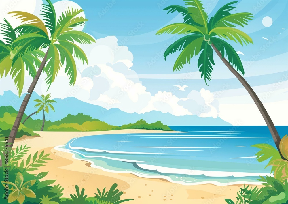 Idyllic Tropical Beach with Palm Trees and Clear Blue Sky Idyllic Tropical Beach with Palm Trees and Clear Blue Sky