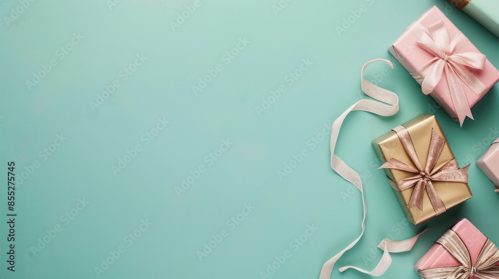 Pastel-colored gift boxes with ribbons on a turquoise background with space for text