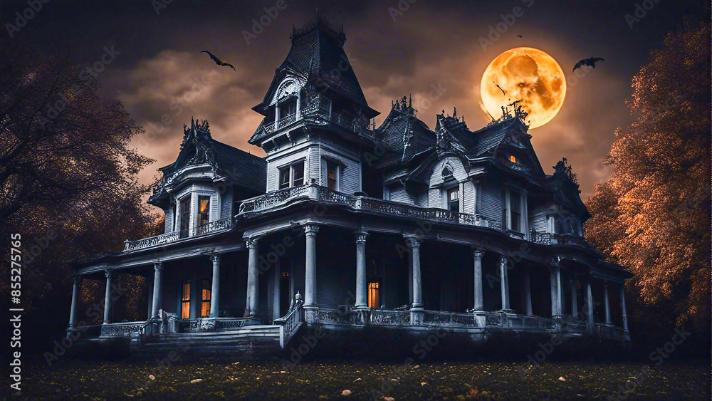 A spooky haunted house mansion Halloween background with a full moon generated by AI