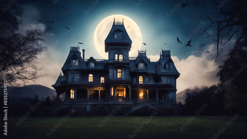 Fototapeta premium A spooky haunted house mansion Halloween background with a full moon generated by AI