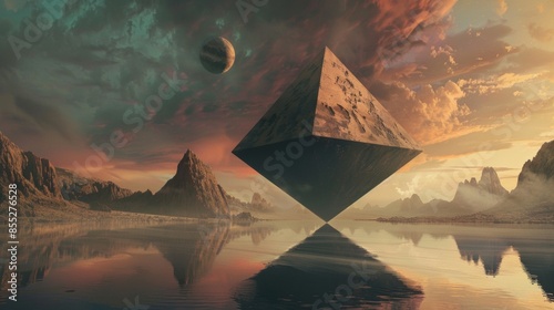 A large pyramid is floating in the sky above a body of water photo