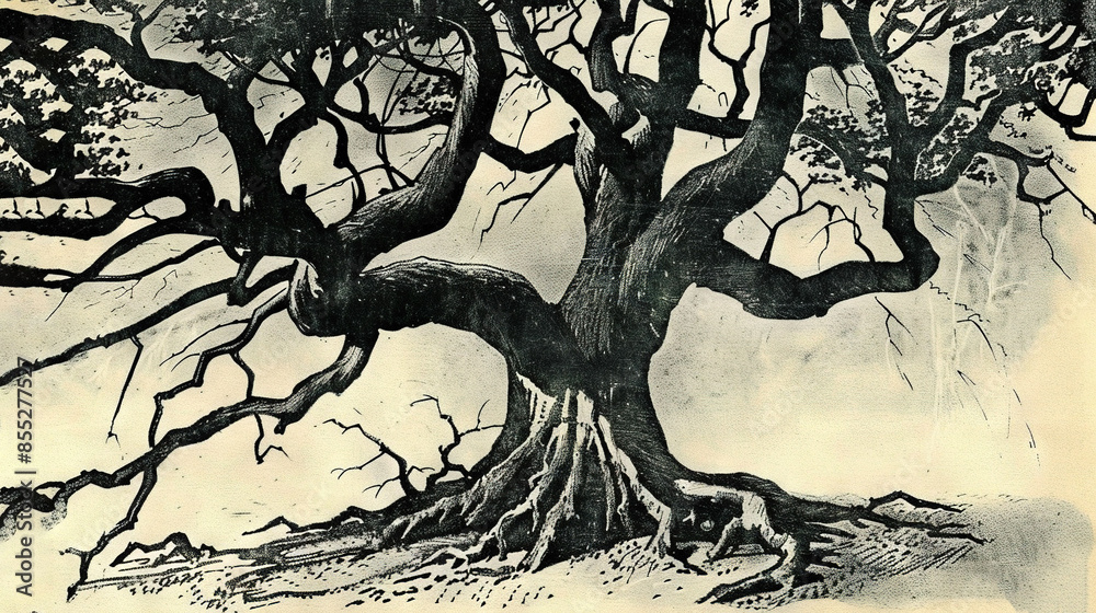 Naklejka premium Tree with exposed roots & bird perched atop