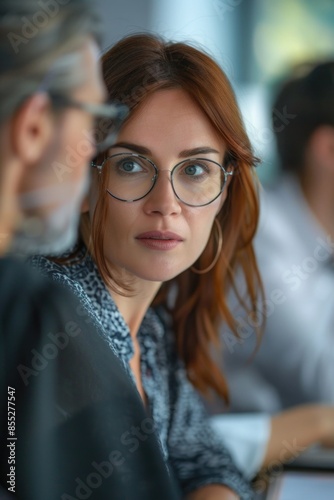 A woman sits at a desk wearing glasses and appears focused on her work © Alexander Chaykin
