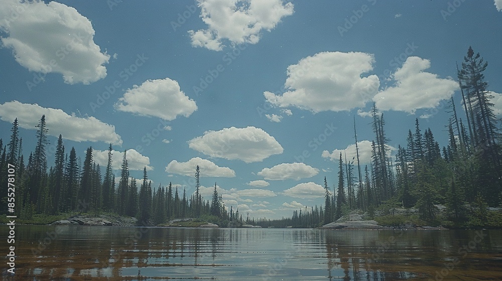 Fototapeta premium A lush forest surrounds a tranquil lake, with wispy clouds drifting across the azure sky in the background