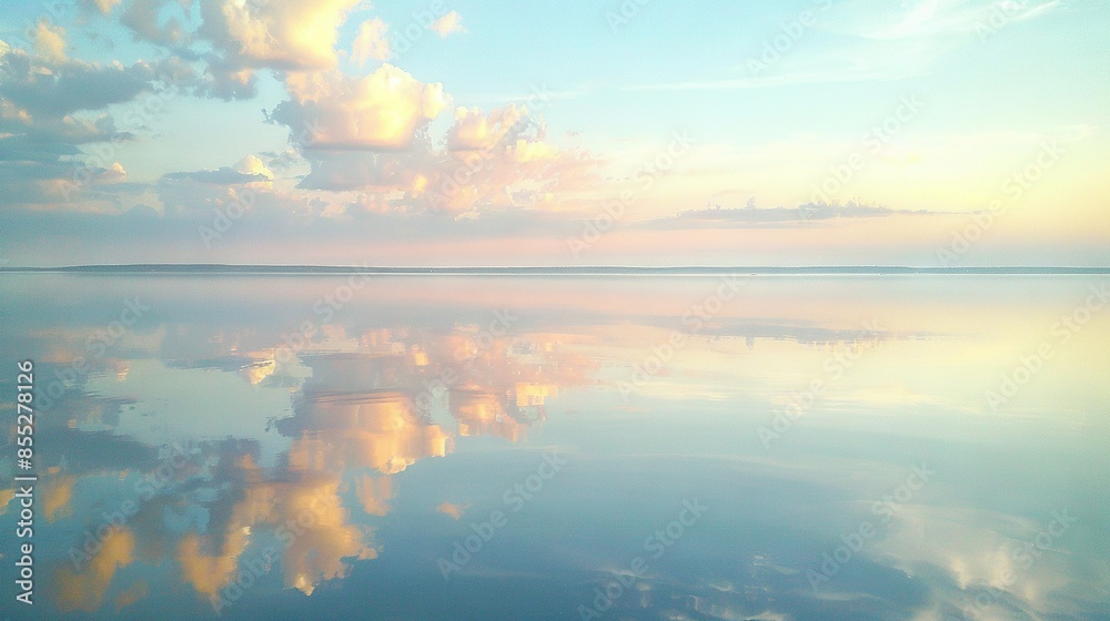 A vast expanse of water with a cloudy sky and reflected clouds in the foreground A vast expanse of water with a cloudy sky and reflected clouds in the foreground