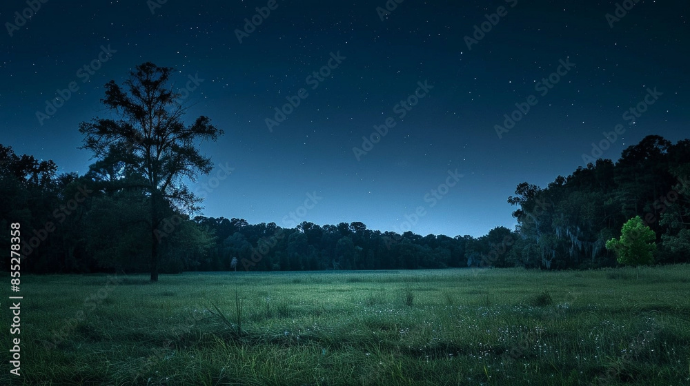 Beautiful night landscape with a green field and forest on the sides Beautiful night landscape with a green field and forest on the sides