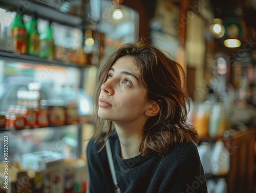 Wallpaper Mural A woman sits in front of a shelf filled with various types of wine bottles, perfect for use in editorial or advertising content Torontodigital.ca