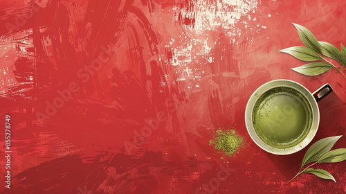 Matcha latte in a mug on a red table, top view. Background with place for text and copy space photo