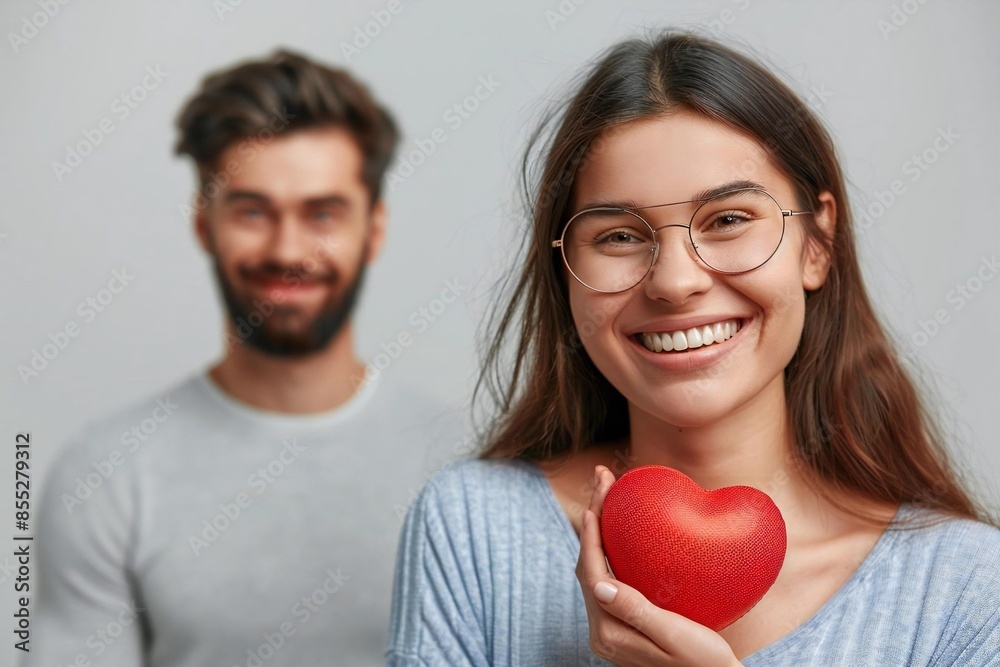 Woman in Glasses Laughing holds a Red Heart while Man in Smart Casual Attire Stands in Background Woman in Glasses Laughing holds a Red Heart while Man in Smart Casual Attire Stands in Background