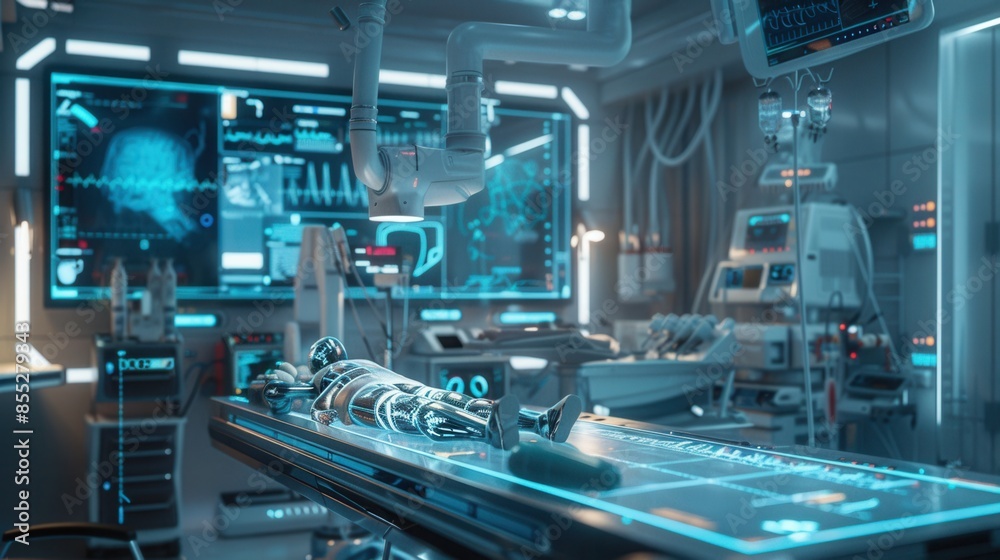 A futuristic operating room with a patient lying on a high-tech table with a glowing blue surface. Monitors and medical equipment fill the sterile background. A futuristic operating room with a patient lying on a high-tech table with a glowing blue surface. Monitors and medical equipment fill the sterile background.