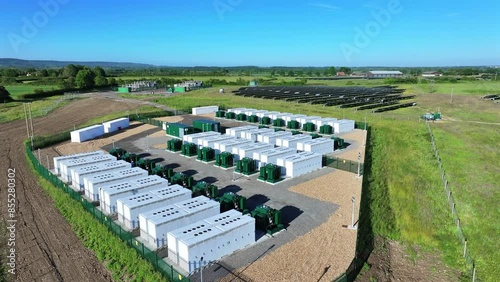 Battery Storage Packs and Solar Array for Green Power Aerial View