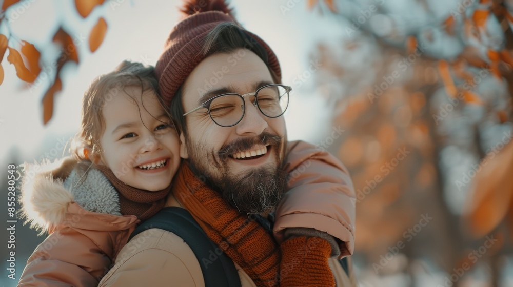 Obraz premium Smile and play with her father in an outdoor garden with love and care to bond. In a field or park, happy girl kid on piggyback with young Australian dad.