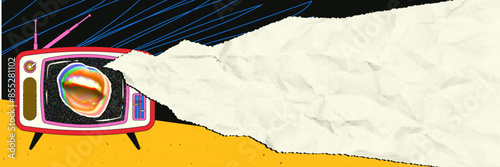 Advertising banner with place for text in retro collage style. Old TV with lips, texture of crumpled torn paper. Vector illustration.
