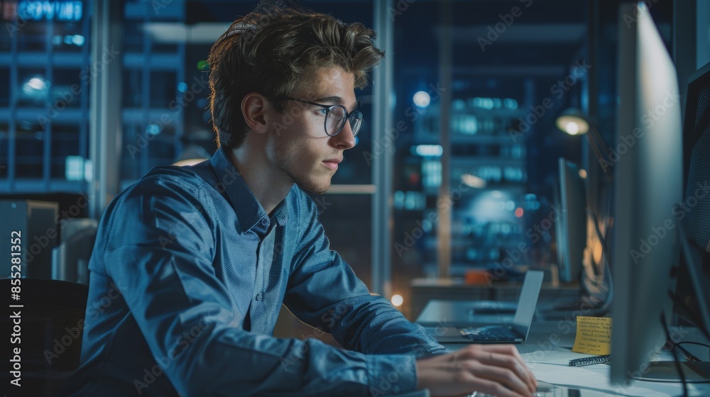 Businessman, computer, night office work for cybersecurity, software design, and digital programmer. Thinking web design engineer, developer, and ux seo/database coding worker Businessman, computer, night office work for cybersecurity, software design, and digital programmer. Thinking web design engineer, developer, and ux seo/database coding worker