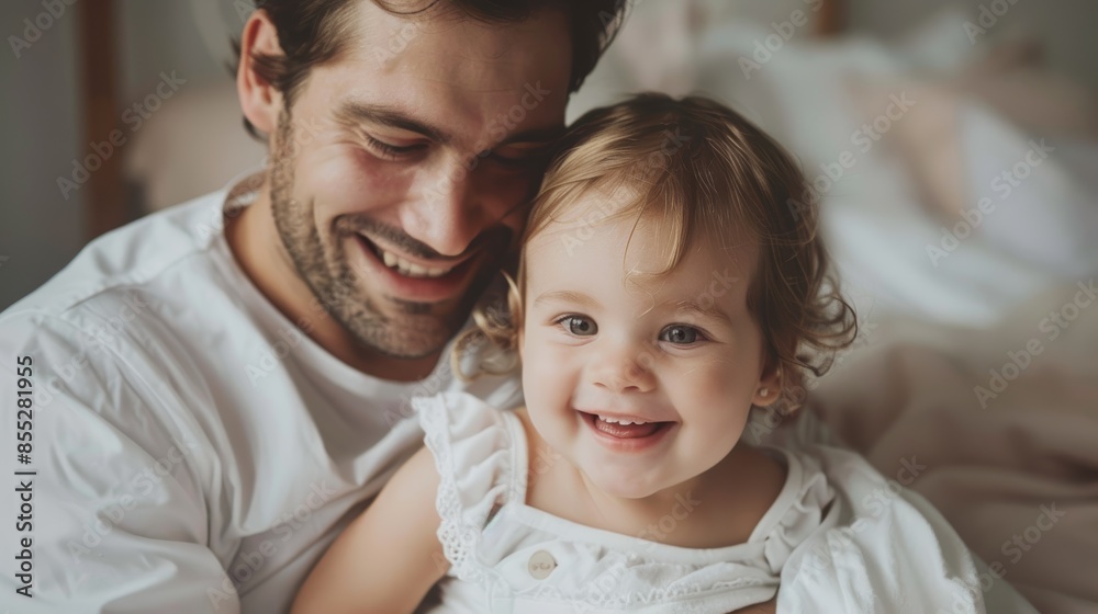Happy father relaxes with baby in bedroom, family home, and house for bonding, relaxing, and playing morning. Dad loves, cares, and smiles for cute, kid, and toddler development Happy father relaxes with baby in bedroom, family home, and house for bonding, relaxing, and playing morning. Dad loves, cares, and smiles for cute, kid, and toddler development