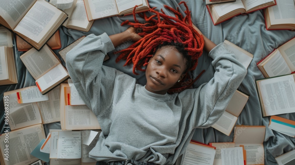 Relax, pondering, and a black woman in bed, lost in thoughts. Design, fashion, and inspiration, intelligent student designer on break. Creative book-and-drawing student Relax, pondering, and a black woman in bed, lost in thoughts. Design, fashion, and inspiration, intelligent student designer on break. Creative book-and-drawing student