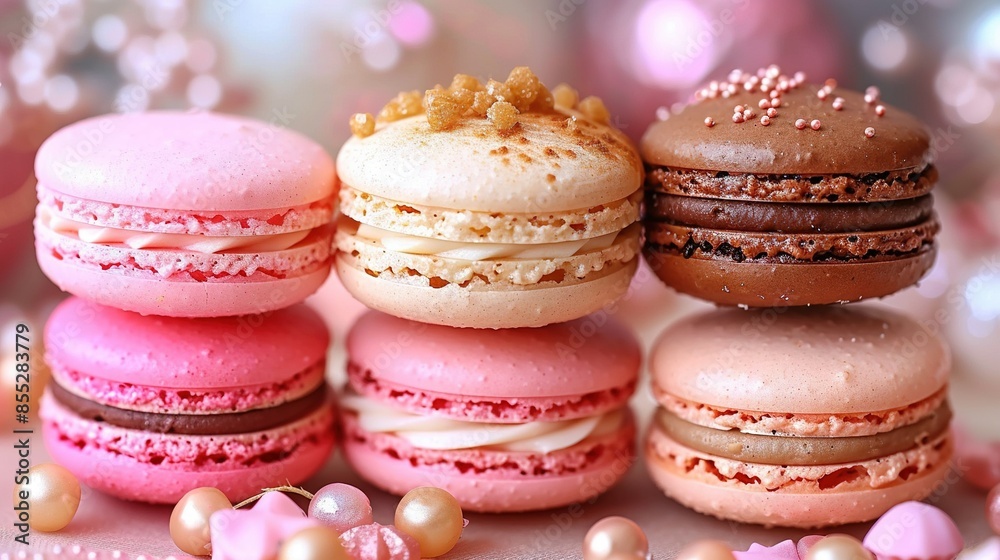 A group of macaroons resting together on a pink table cloth with confetti A group of macaroons resting together on a pink table cloth with confetti