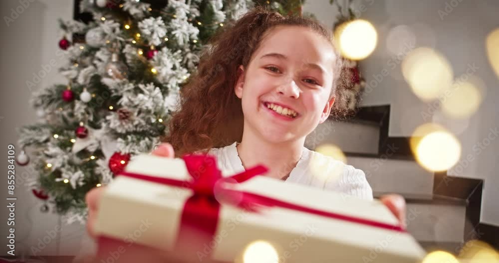 Portrait happy amazed smiling in a Christmas hat Santa Claus while giving a Christmas gift in a box with a beautiful red bow on top while sitting near the Christmas tree at home. The winter vacation. Portrait happy amazed smiling in a Christmas hat Santa Claus while giving a Christmas gift in a box with a beautiful red bow on top while sitting near the Christmas tree at home. The winter vacation.