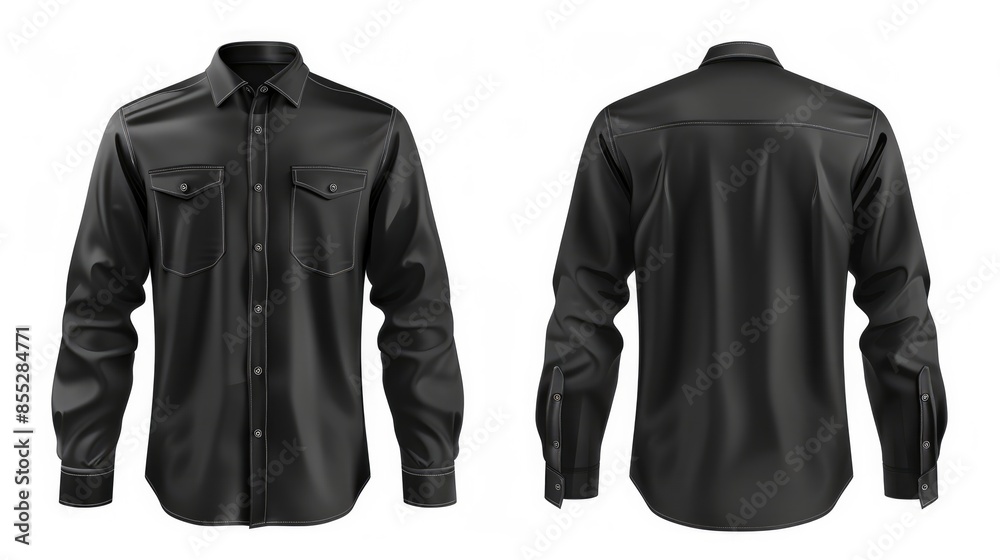 © Khalida - 3D realistic vector illustration of a mens classic black shirt with long sleeves and chest pockets displayed in front side and back views Isolated on white