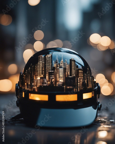 City on the construction helmet man.Unusual construction concept generated by ai