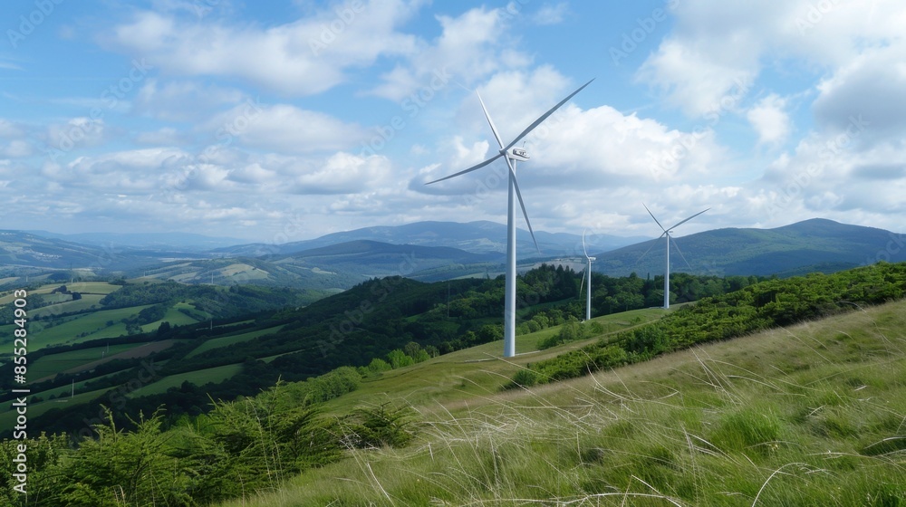 Two white wind turbines stand tall against a backdrop of rolling green hills and a blue sky with fluffy clouds. Two white wind turbines stand tall against a backdrop of rolling green hills and a blue sky with fluffy clouds.
