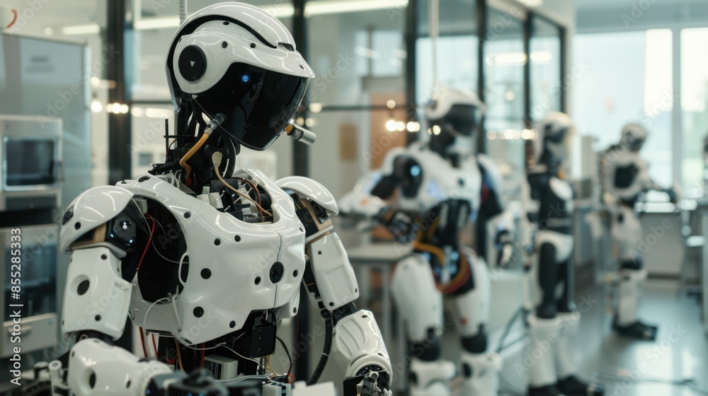 A white humanoid robot stands in a laboratory setting with other robots in the background. A white humanoid robot stands in a laboratory setting with other robots in the background.