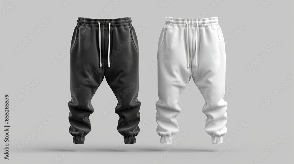 3D rendering of a blank black and white mens pants mockup front view Isolated empty template of basic trackpants or trousers with pockets 3D rendering of a blank black and white mens pants mockup front view Isolated empty template of basic trackpants or trousers with pockets