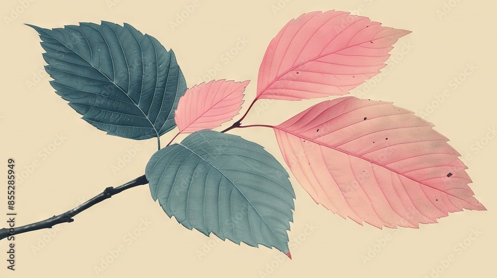 Obraz premium A zoomed-in photo of a pink and blue leaf on a branch with another leaf nearby