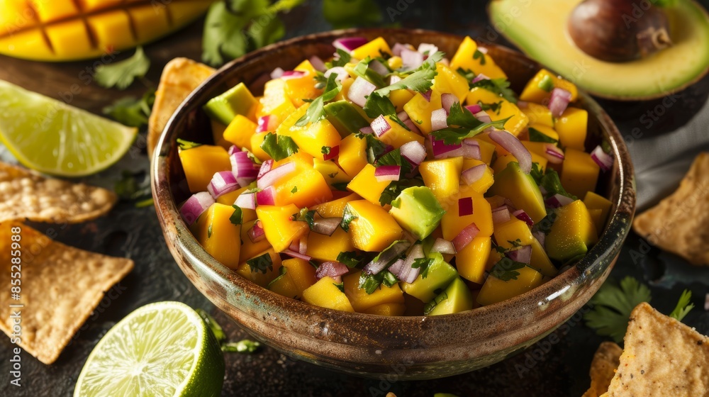 Gourmet Mango and Avocado Salsa with Tortilla Chips - Fresh, Sweet, and Savory Flavor Combination Gourmet Mango and Avocado Salsa with Tortilla Chips - Fresh, Sweet, and Savory Flavor Combination
