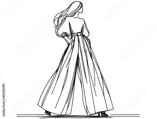 Fashion stylish girl in very wide pants. Sketch