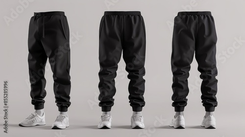 3D rendering of blank black mens pants mockup from different views Isolated mockup of classic loungewear jeans for males