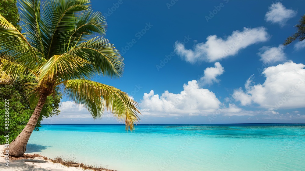 Exotic shore against the backdrop of the turquoise ocean on a sunny day. Beautiful palm tree on the beach of a tropical island. Concept: paradise summer holiday on a desert island. Exotic shore against the backdrop of the turquoise ocean on a sunny day. Beautiful palm tree on the beach of a tropical island. Concept: paradise summer holiday on a desert island.