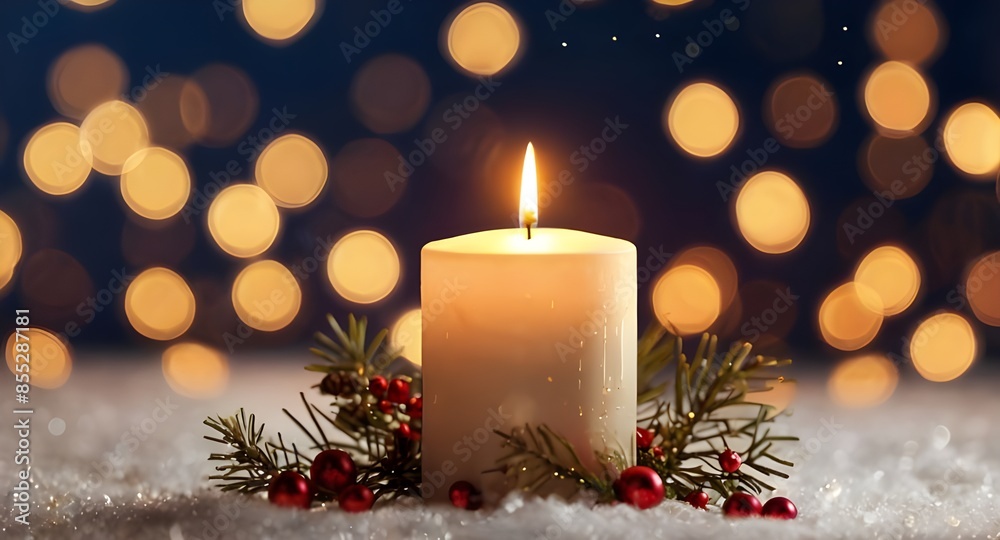 Beautiful and friendly Christmas candle on bokeh background. Generative AI Beautiful and friendly Christmas candle on bokeh background. Generative AI