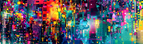 Colorful Abstract Painting with Geometric Shapes and Grid Patterns, Showcasing Digital Aesthetics