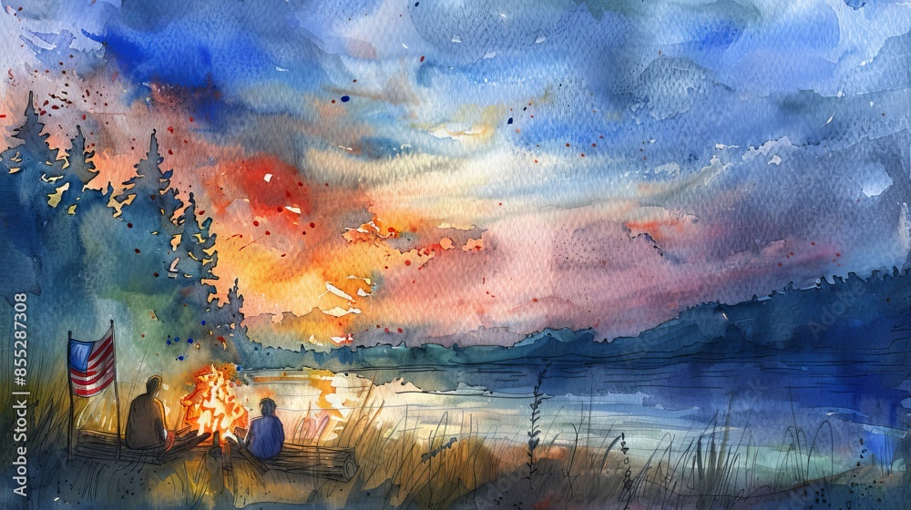Fototapeta premium The image shows a beautiful watercolor painting of a sunset over a lake. The sky is ablaze with color, and the trees are reflected in the water. It is a peaceful and serene scene.