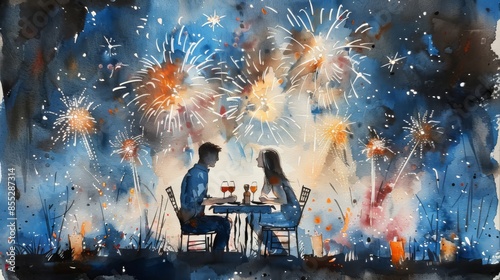 The image shows a couple sitting at a table, drinking wine and watching fireworks. The background is a dark blue night sky lit up by the fireworks. The