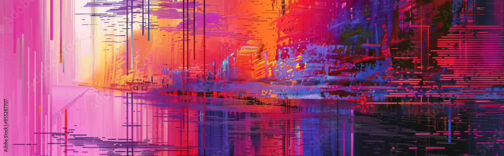 Obraz premium Colorful Abstract Painting with Geometric Shapes and Grid Patterns, Showcasing Digital Aesthetics