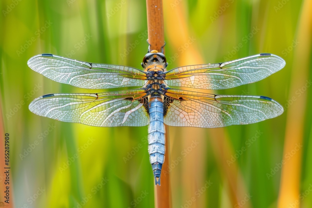 Close-Up of a Dragonfly Resting on a Reed in a Freshwater Marsh. Close-Up of a Dragonfly Resting on a Reed in a Freshwater Marsh.