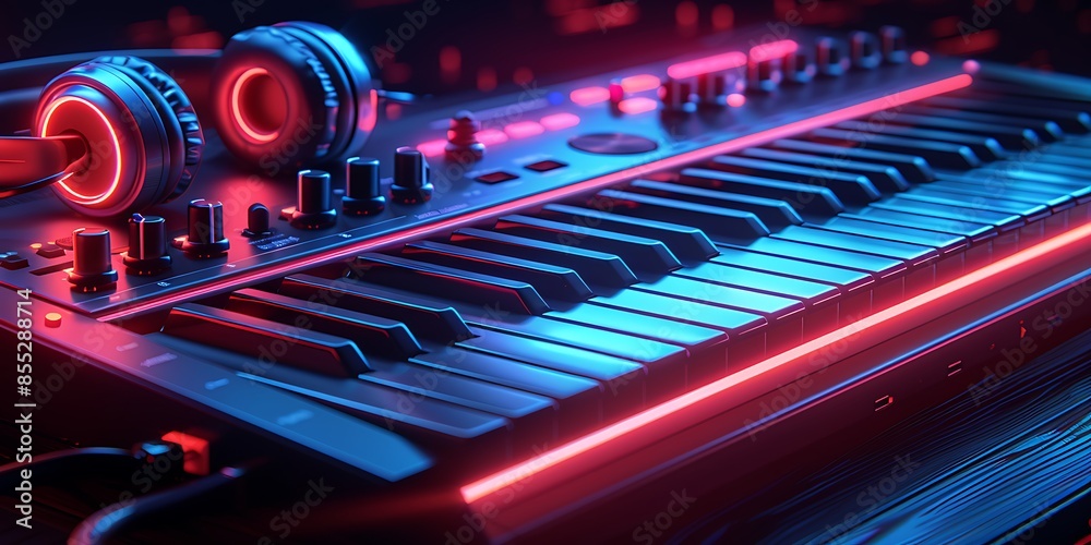 Fototapeta premium Neon-lit Keyboard and Headphones