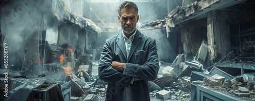 A well-dressed man stands resolutely against a backdrop of urban destruction, suggesting resilience and leadership photo