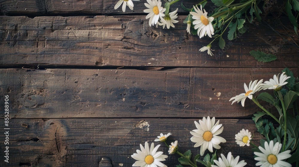 Obraz premium Vintage floral mockup on wooden background with white daisies and space for message or images