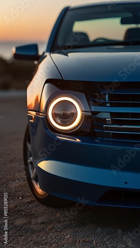 A close-up photo of luxury design headlights of a blue compact car parked on a concrete road by the sea at sunset Ai Generated