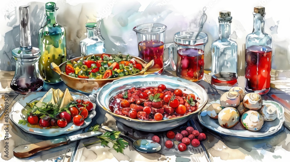 The watercolor painting shows a table full of delicious food. There are salads, soups, and even a dessert. The food is all arranged beautifully and looks very appetizing. The watercolor painting shows a table full of delicious food. There are salads, soups, and even a dessert. The food is all arranged beautifully and looks very appetizing.