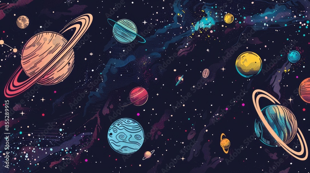 Handdrawn cartoonstyle space illustration of a black hole attracting planets stars and various space objects Handdrawn cartoonstyle space illustration of a black hole attracting planets stars and various space objects