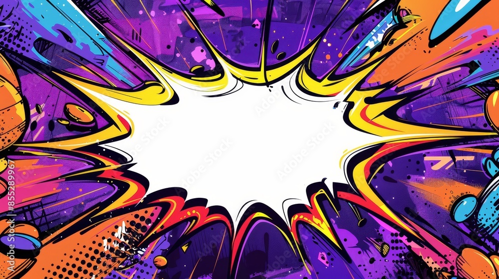 Naklejka premium Colorful comic-style explosion with a bright white center and pink clouds radiating outwards. Pop art concept.